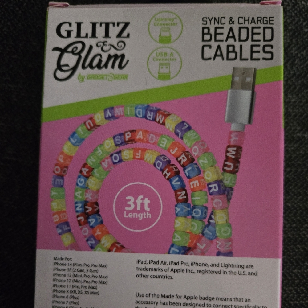 Glitz & Glam Beaded Charging Cable 3ft Iphone Ipad Ipod USB-A connector Hp🔥🔥 - Picture 4 of 5